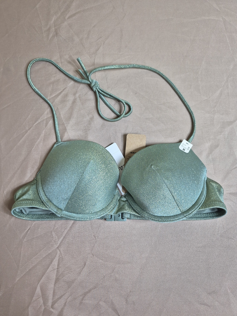Etam Lumineux Glittery Push-Up Bikini Top Sage Green 32B NWT